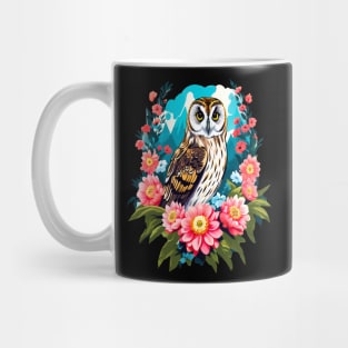 A Cute Short Eared Owl Surrounded by Bold Vibrant Spring Flowers Mug